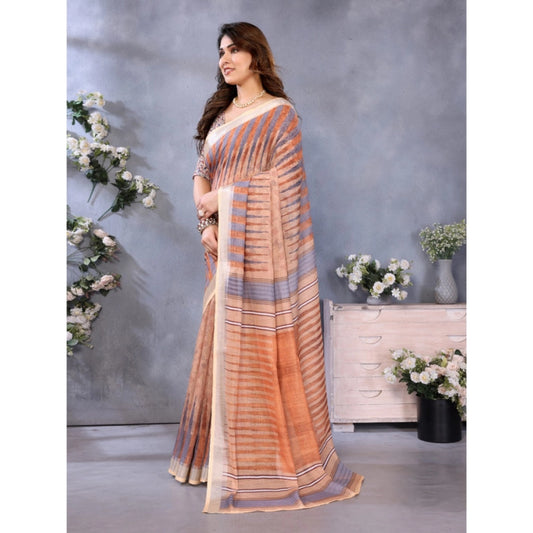 Generic Women's Linen Cotton Printed Saree With Unstitched Blouse 5.5Mtr (Brown)
