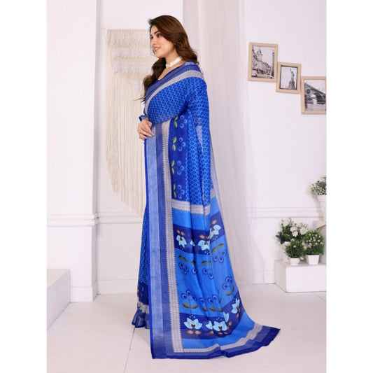 Generic Women's Linen Cotton Printed Saree With Unstitched Blouse 5.5Mtr (Blue)