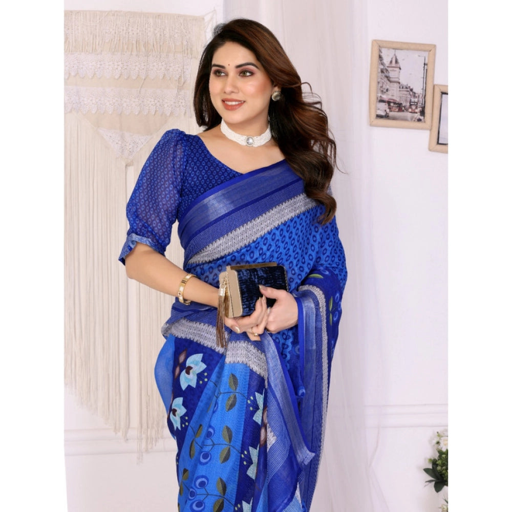 Generic Women's Linen Cotton Printed Saree With Unstitched Blouse 5.5Mtr (Blue)