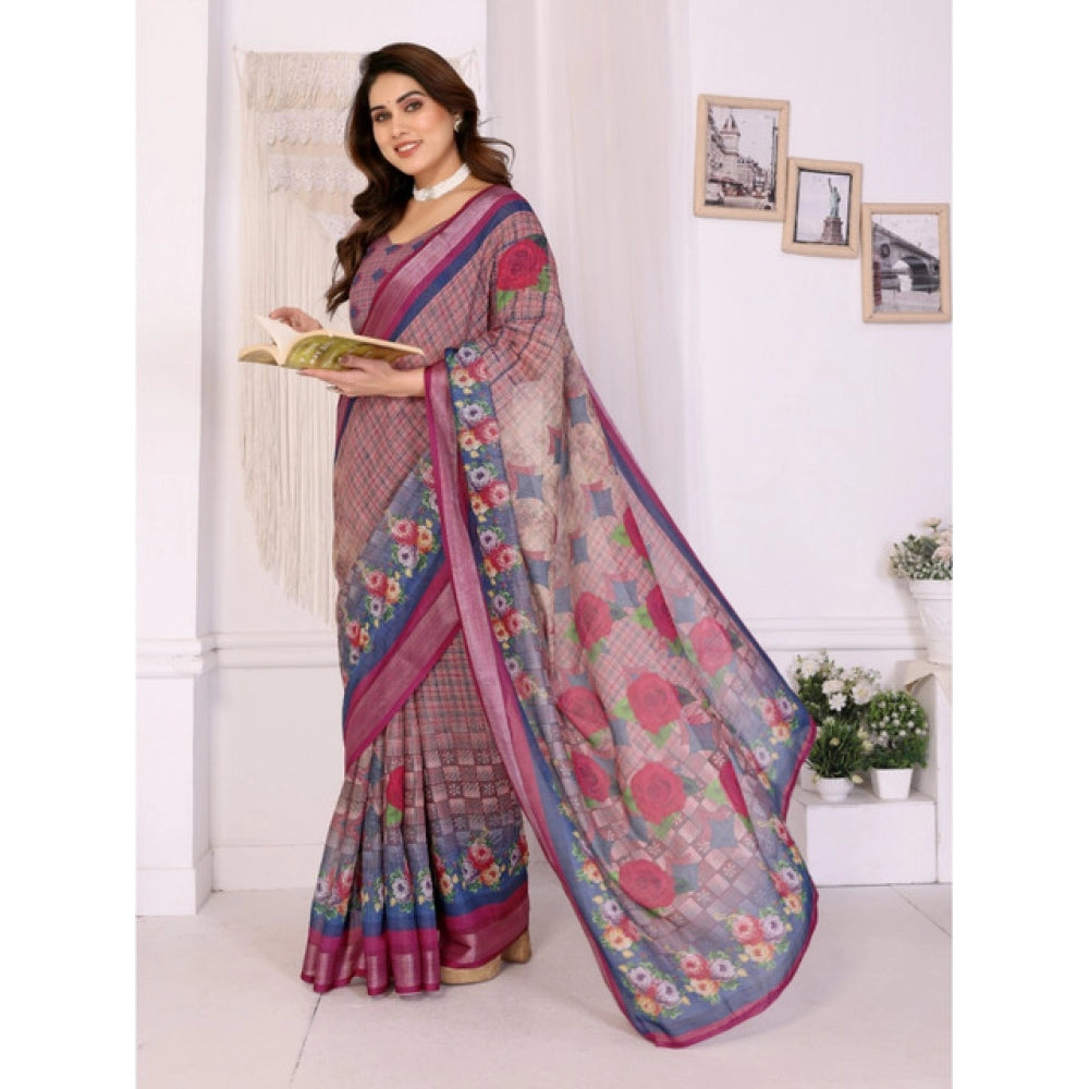 Generic Women's Linen Cotton Printed Saree With Unstitched Blouse 5.5Mtr (Wine )