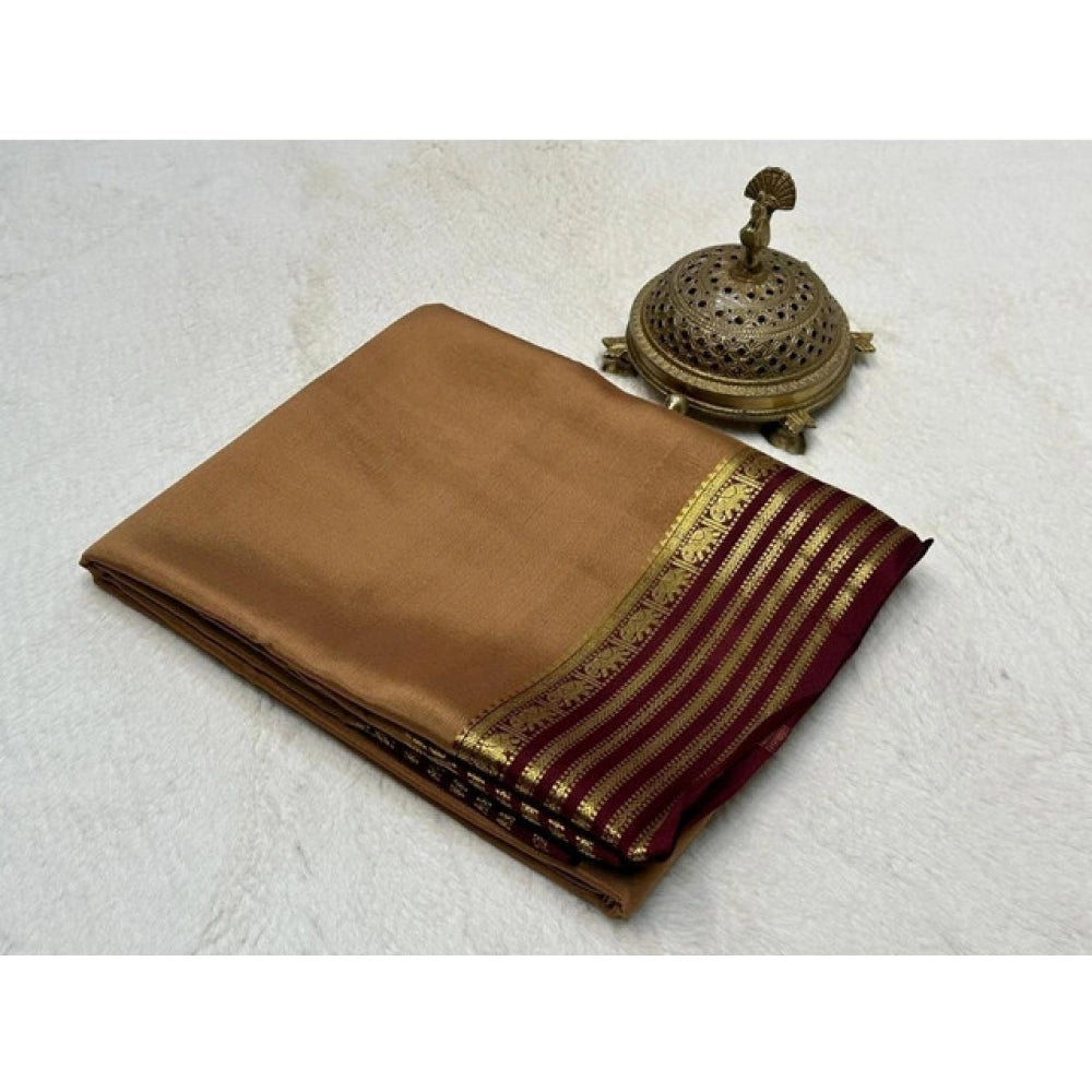 Generic Women's Crepe Chit Pallu Solid Saree With Unstitched Blouse 5.5Mtr (Beige)