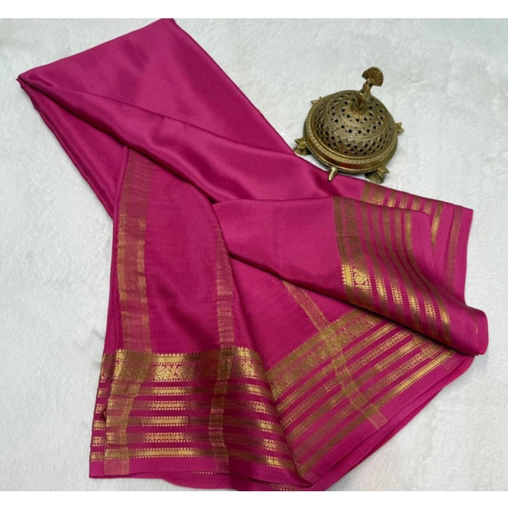 Generic Women's Crepe Chit Pallu Solid Saree With Unstitched Blouse 5.5Mtr (Pink)