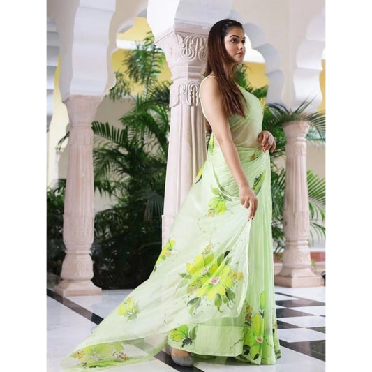 Generic Women's Linen Printed Saree With Unstitched Blouse 5.5Mtr (Green)