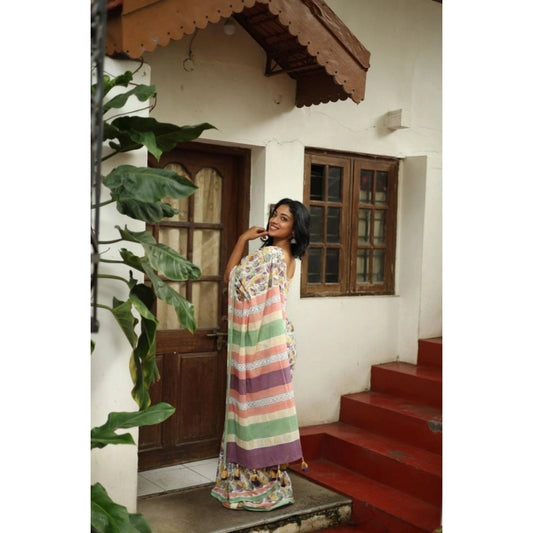 Generic Women's Linen Printed Saree With Unstitched Blouse 5.5Mtr (Multicolor)
