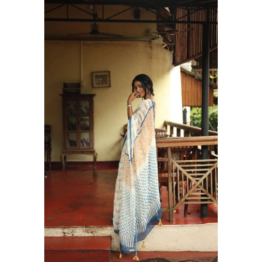 Generic Women's Linen Printed Saree With Unstitched Blouse 5.5Mtr (White)