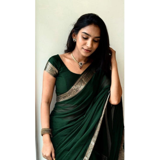 Generic Women's Vichitra Silk Printed Saree With Unstitched Blouse 5.5Mtr (Green)