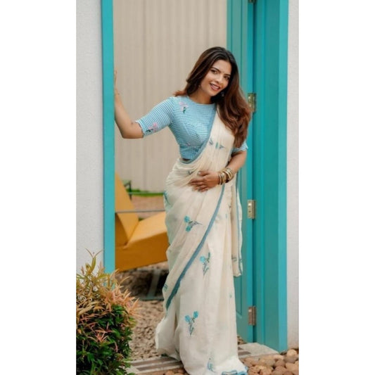 Generic Women's Linen Printed Saree With Unstitched Blouse 5.5Mtr (White)