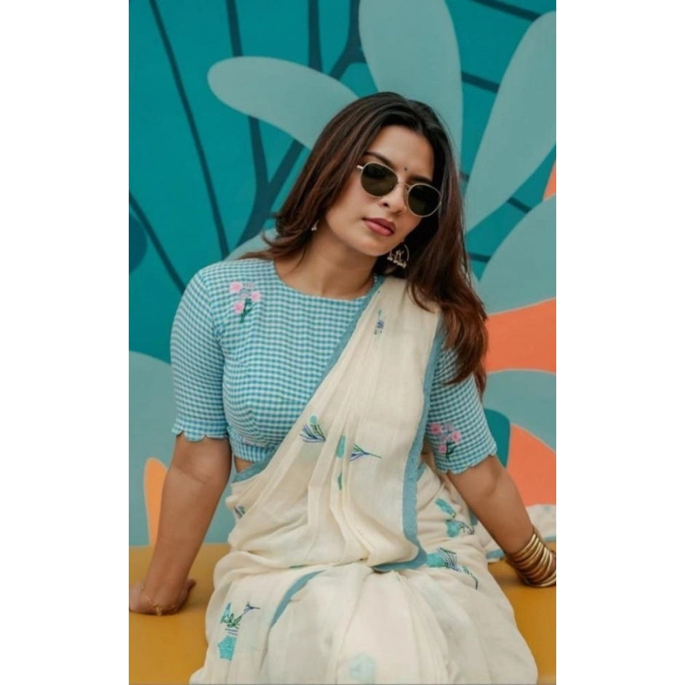 Generic Women's Linen Printed Saree With Unstitched Blouse 5.5Mtr (White)