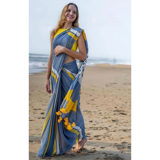 Generic Women's Linen Printed Saree With Unstitched Blouse 5.5Mtr (Blue)