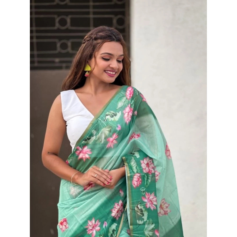 Generic Women's Linen Printed Saree With Unstitched Blouse 5.5Mtr (Green)