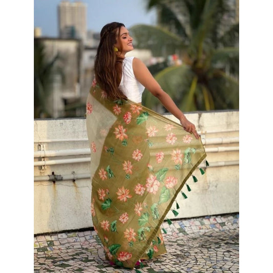 Generic Women's Linen Printed Saree With Unstitched Blouse 5.5Mtr (Mahendi)