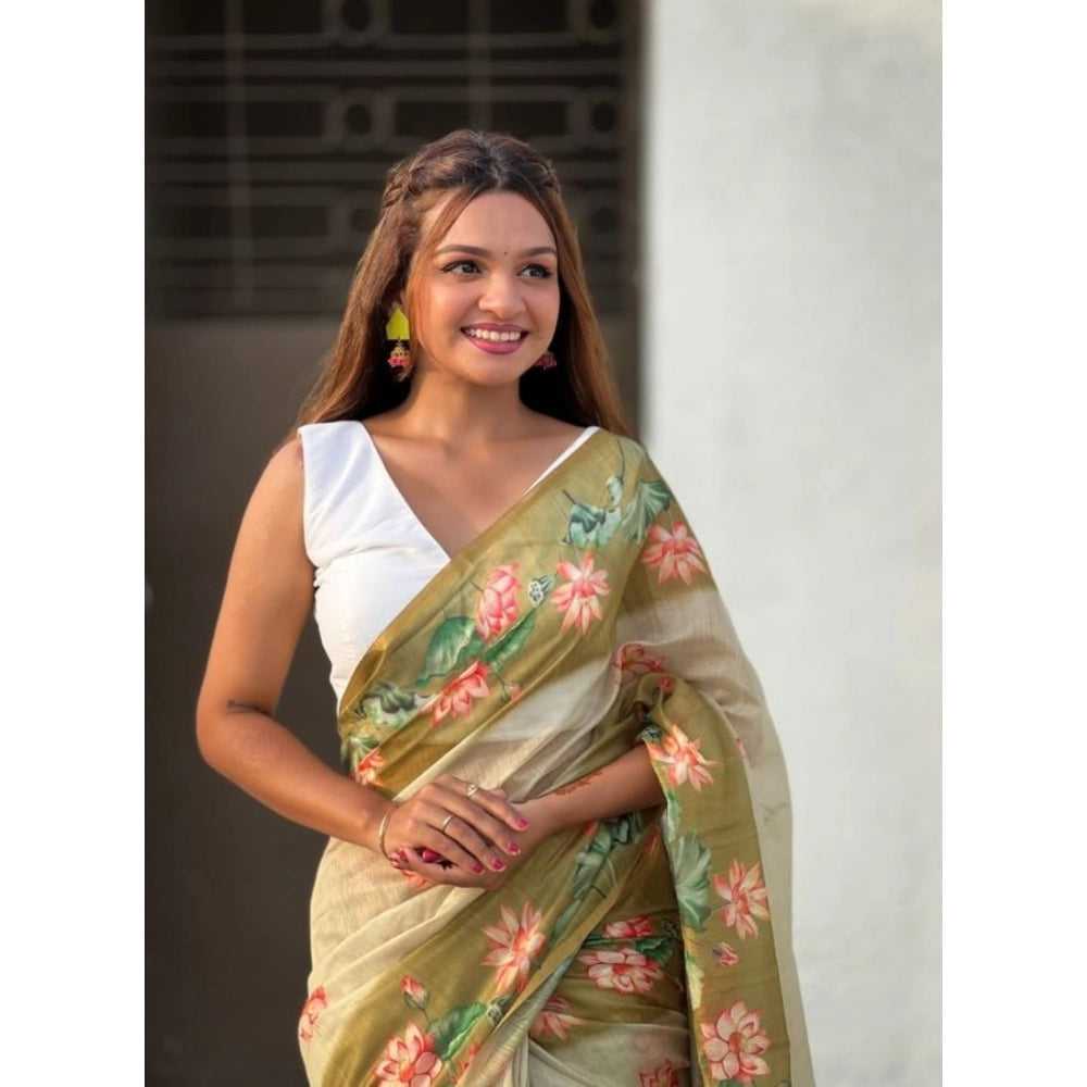 Generic Women's Linen Printed Saree With Unstitched Blouse 5.5Mtr (Mahendi)