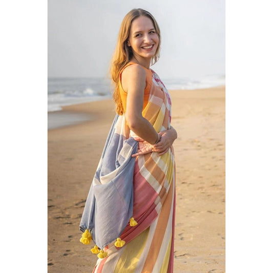 Generic Women's Linen Printed Saree With Unstitched Blouse 5.5Mtr (Yellow)