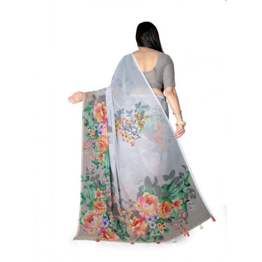 Generic Women's Georgette Floral Printed Saree With Unstitched Blouse 5.5Mtr (Grey)