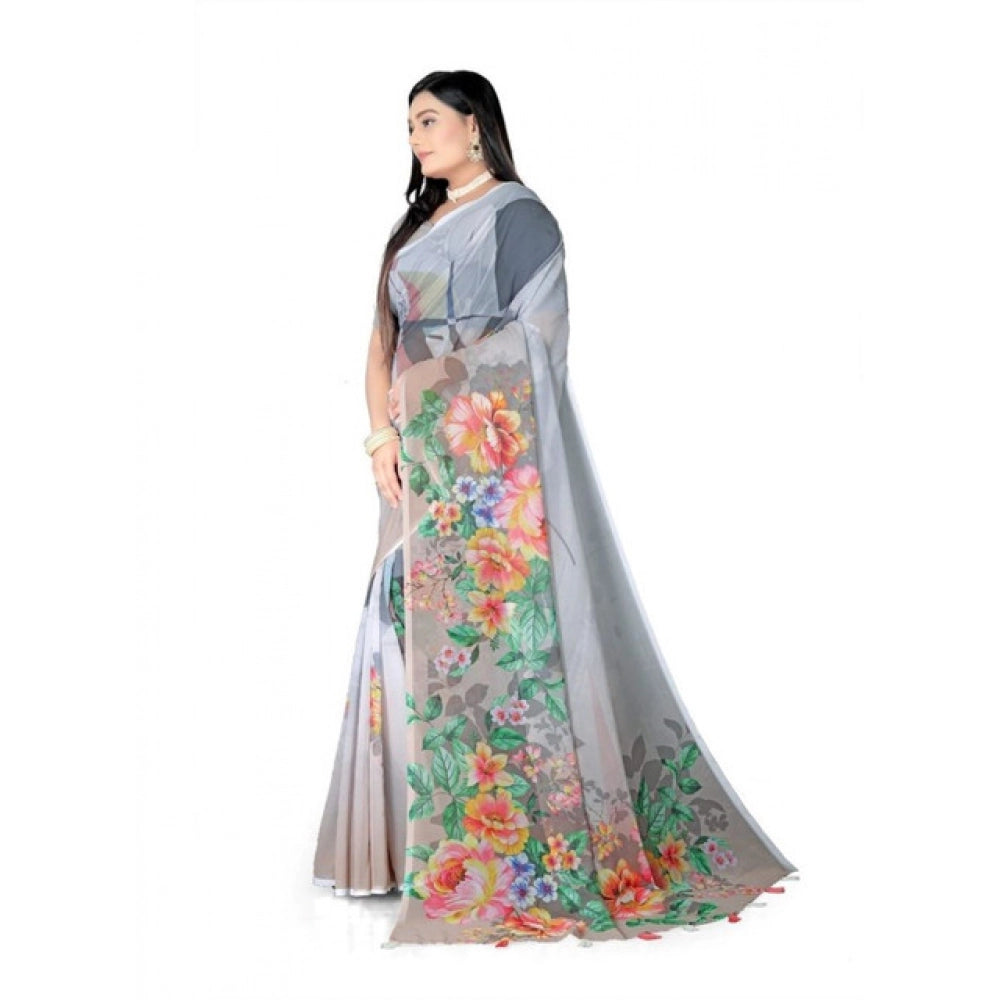Generic Women's Georgette Floral Printed Saree With Unstitched Blouse 5.5Mtr (Grey)
