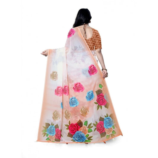 Generic Women's Georgette Floral Printed Saree With Unstitched Blouse 5.5Mtr (Orange)