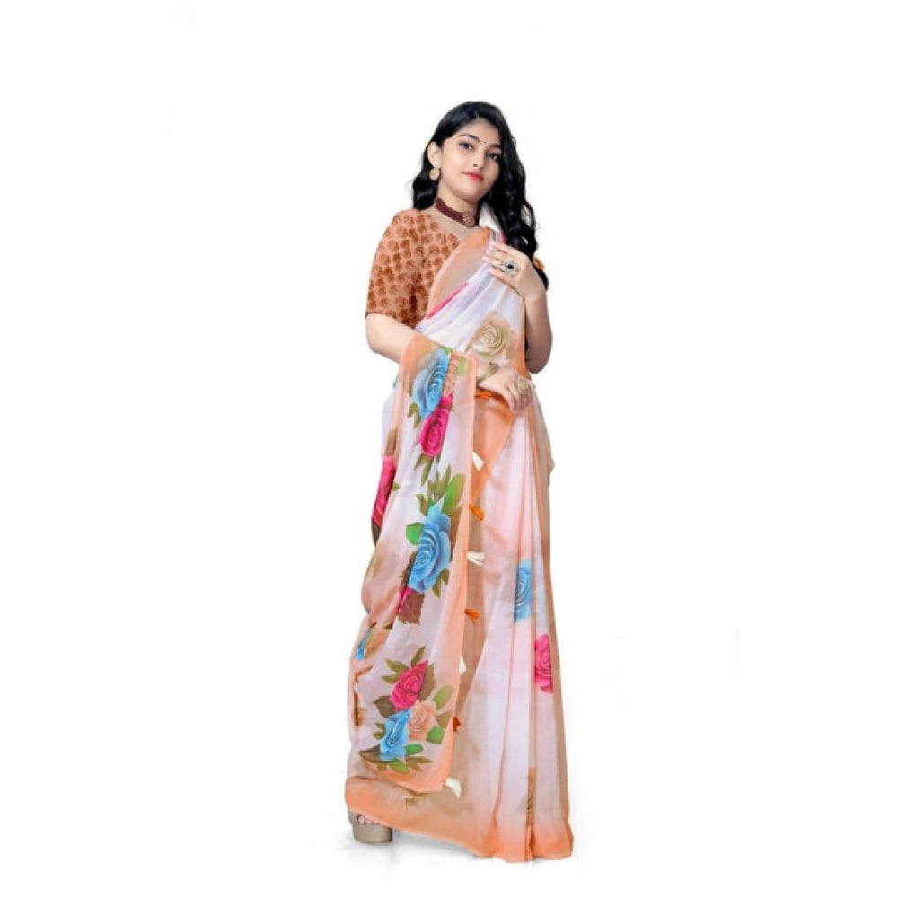 Generic Women's Georgette Floral Printed Saree With Unstitched Blouse 5.5Mtr (Orange)