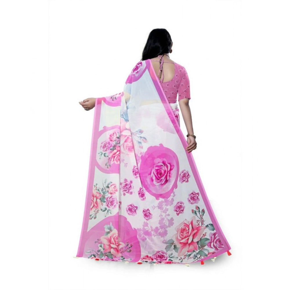 Generic Women's Georgette Floral Printed Saree With Unstitched Blouse 5.5Mtr (Pink)