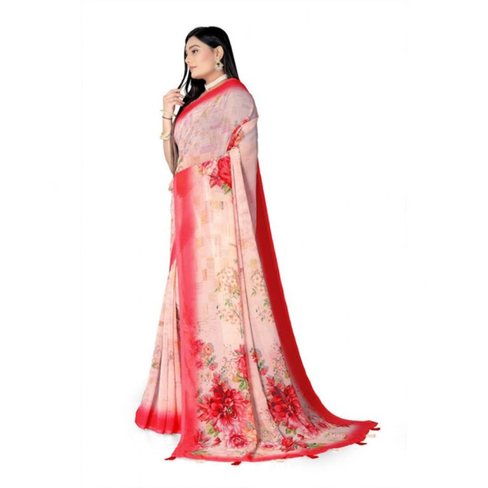 Generic Women's Georgette Floral Printed Saree With Unstitched Blouse 5.5Mtr (Red)