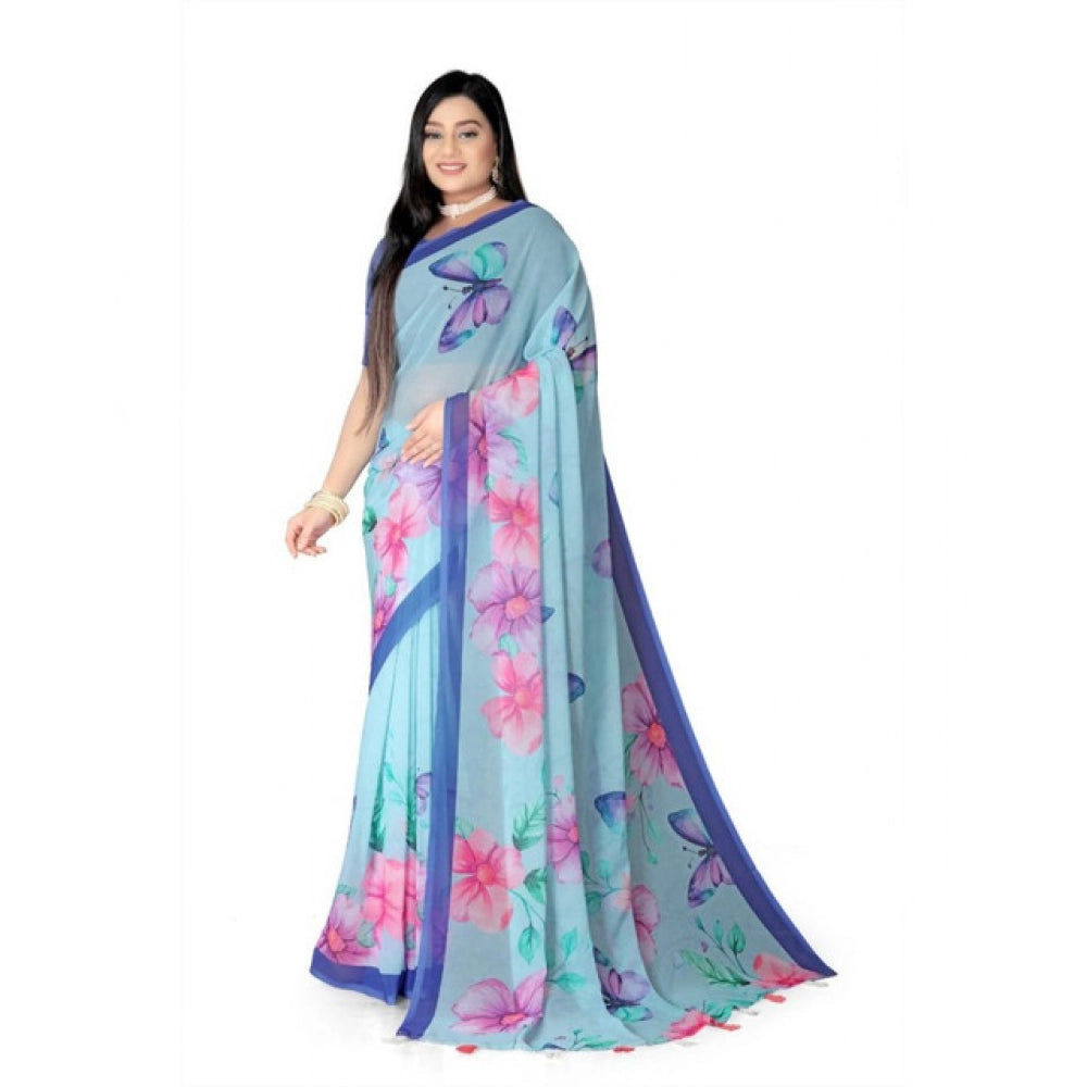 Generic Women's Georgette Floral Printed Saree With Unstitched Blouse 5.5Mtr (Blue)
