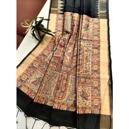 Generic Women's Tussar Silk Madhubani Saree With Unstitched Blouse 5.5Mtr (Black)