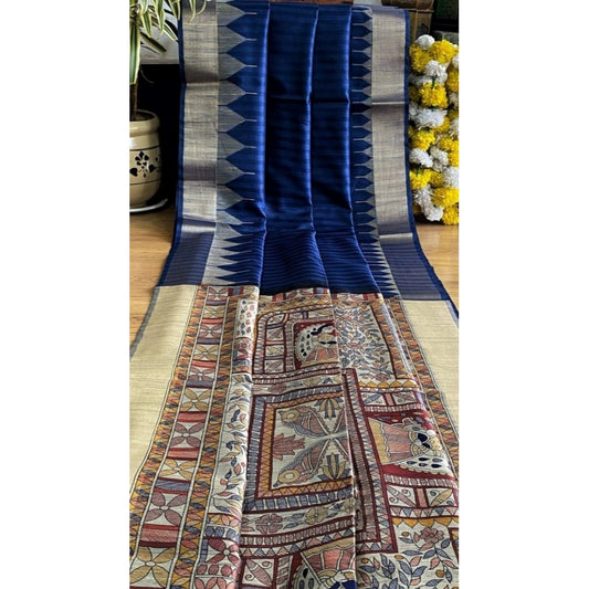 Generic Women's Tussar Silk Madhubani Saree With Unstitched Blouse 5.5Mtr (Blue)