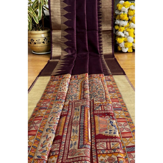 Generic Women's Tussar Silk Madhubani Saree With Unstitched Blouse 5.5Mtr (Coffee)