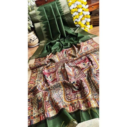 Generic Women's Tussar Silk Madhubani Saree With Unstitched Blouse 5.5Mtr (Green)
