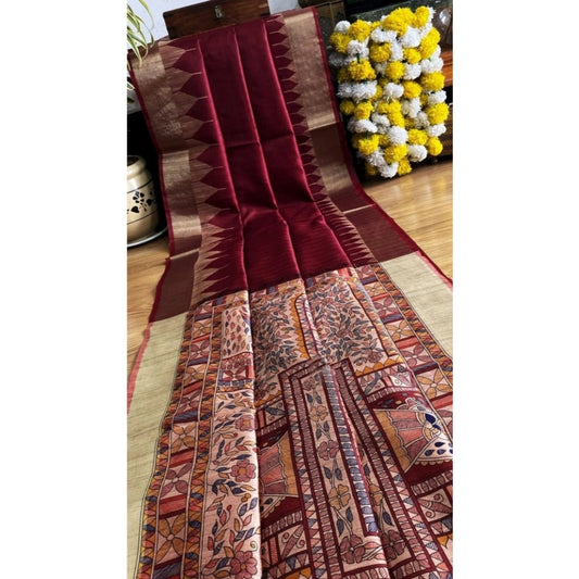 Generic Women's Tussar Silk Madhubani Saree With Unstitched Blouse 5.5Mtr (Maroon)