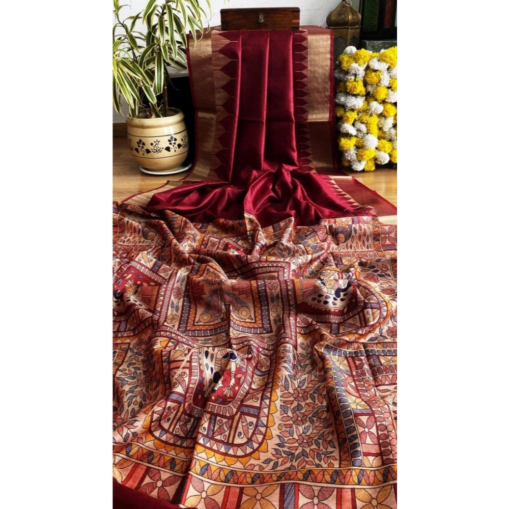 Generic Women's Tussar Silk Madhubani Saree With Unstitched Blouse 5.5Mtr (Maroon)