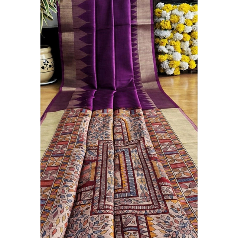 Generic Women's Tussar Silk Madhubani Saree With Unstitched Blouse 5.5Mtr (Purple)