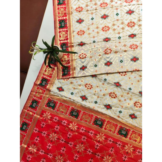 Generic Women's Patola Silk Meena And Zari Woven Saree With Unstitched Blouse 5.5Mtr (White)