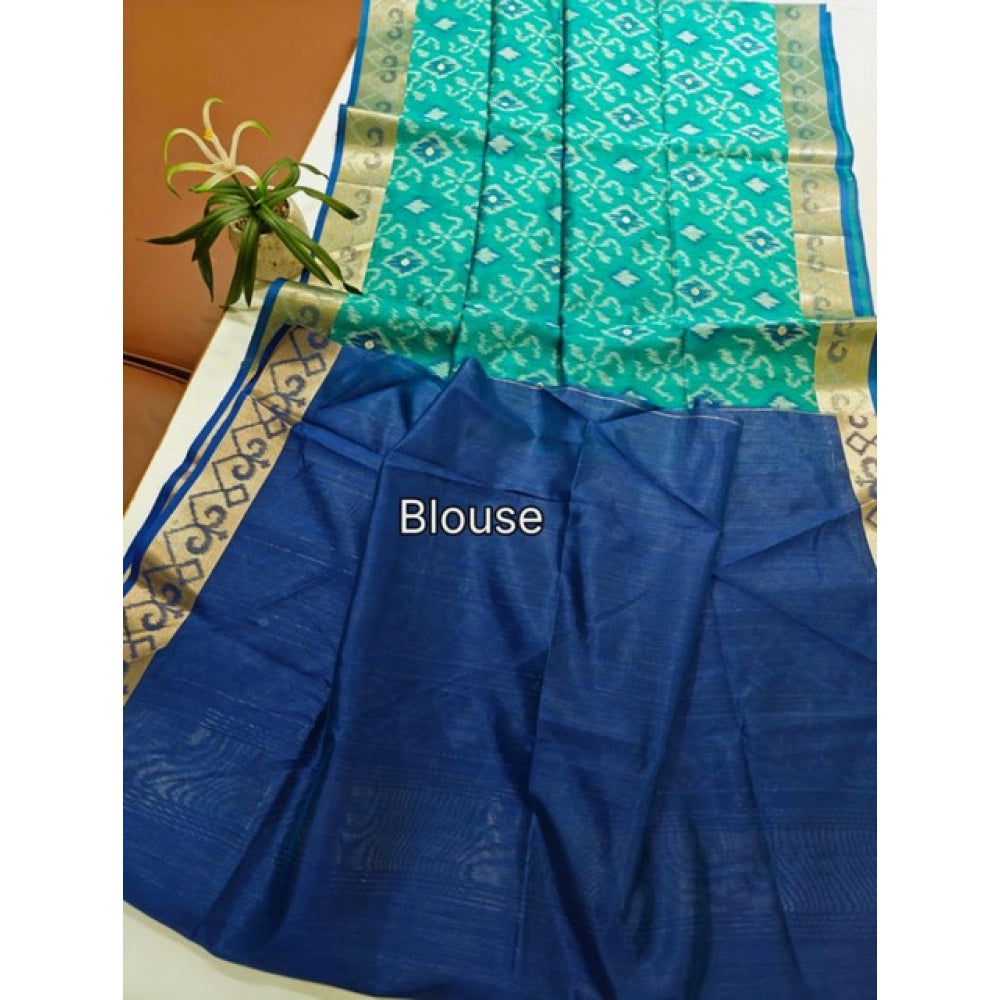 Generic Women's Raw Silk Ikkat Saree With Unstitched Blouse 5.5Mtr (Sky Blue)