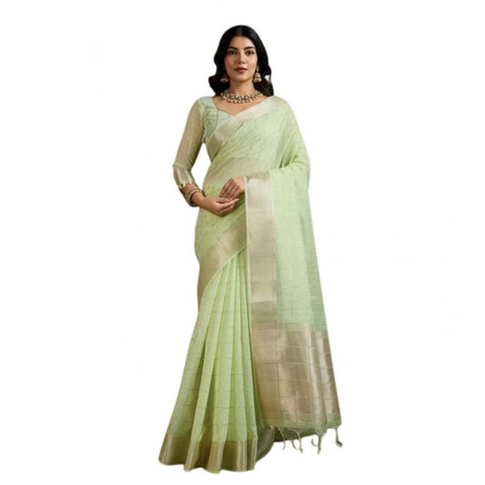 Generic Women's Tissue Checks_With_Buttis Saree With Unstitched Blouse 5.5Mtr (Light_Green)