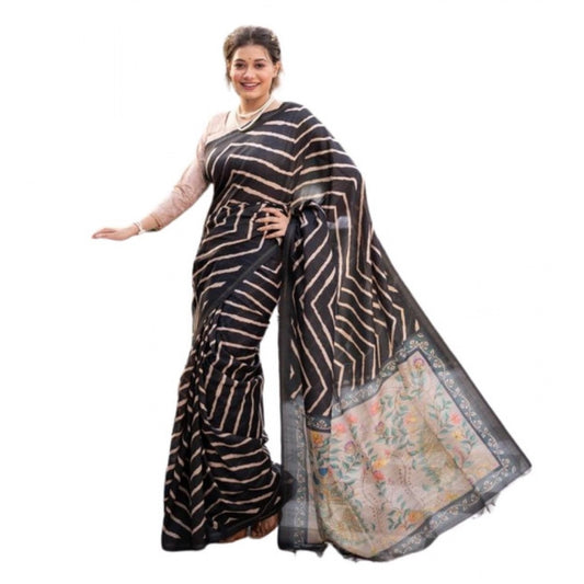 Generic Women's Faux_Tussar_Silk Geometric_Print Saree With Unstitched Blouse 5.5Mtr (Black)