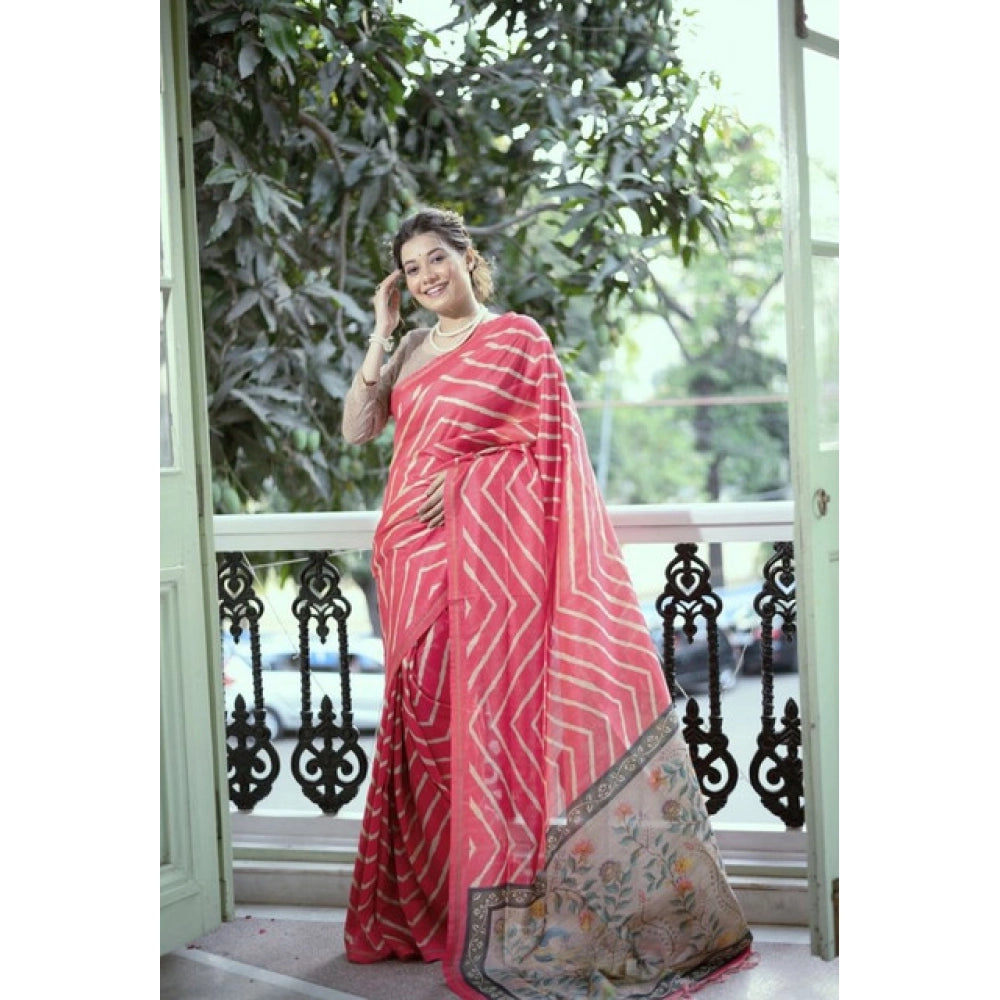 Generic Women's Faux_Tussar_Silk Geometric_Print Saree With Unstitched Blouse 5.5Mtr (Pink)