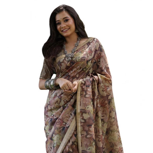 Generic Women's Faux_Tussar_Silk Abstract_Print Saree With Unstitched Blouse 5.5Mtr (Brown)