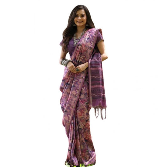 Generic Women's Faux_Tussar_Silk Abstract_Print Saree With Unstitched Blouse 5.5Mtr (Purple)