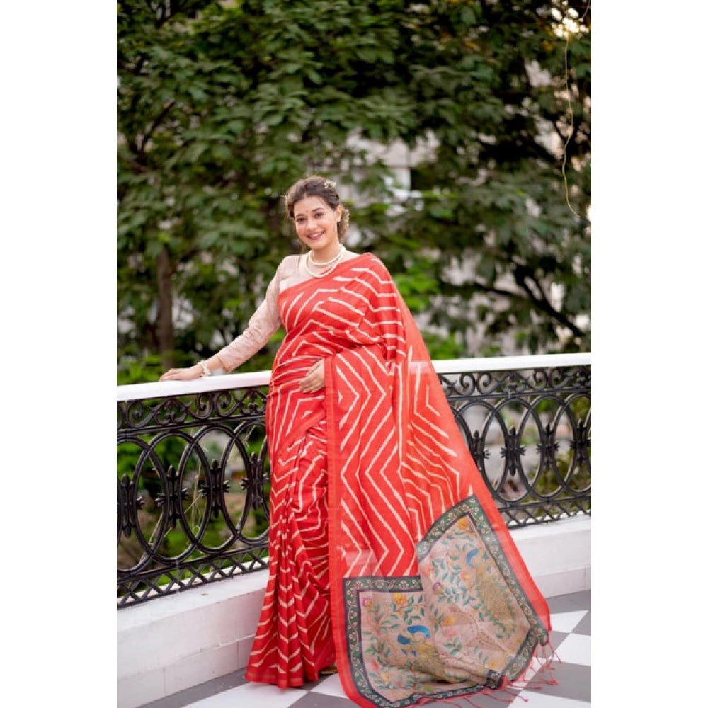 Generic Women's Faux_Tussar_Silk Geometric_Print Saree With Unstitched Blouse 5.5Mtr (Red)
