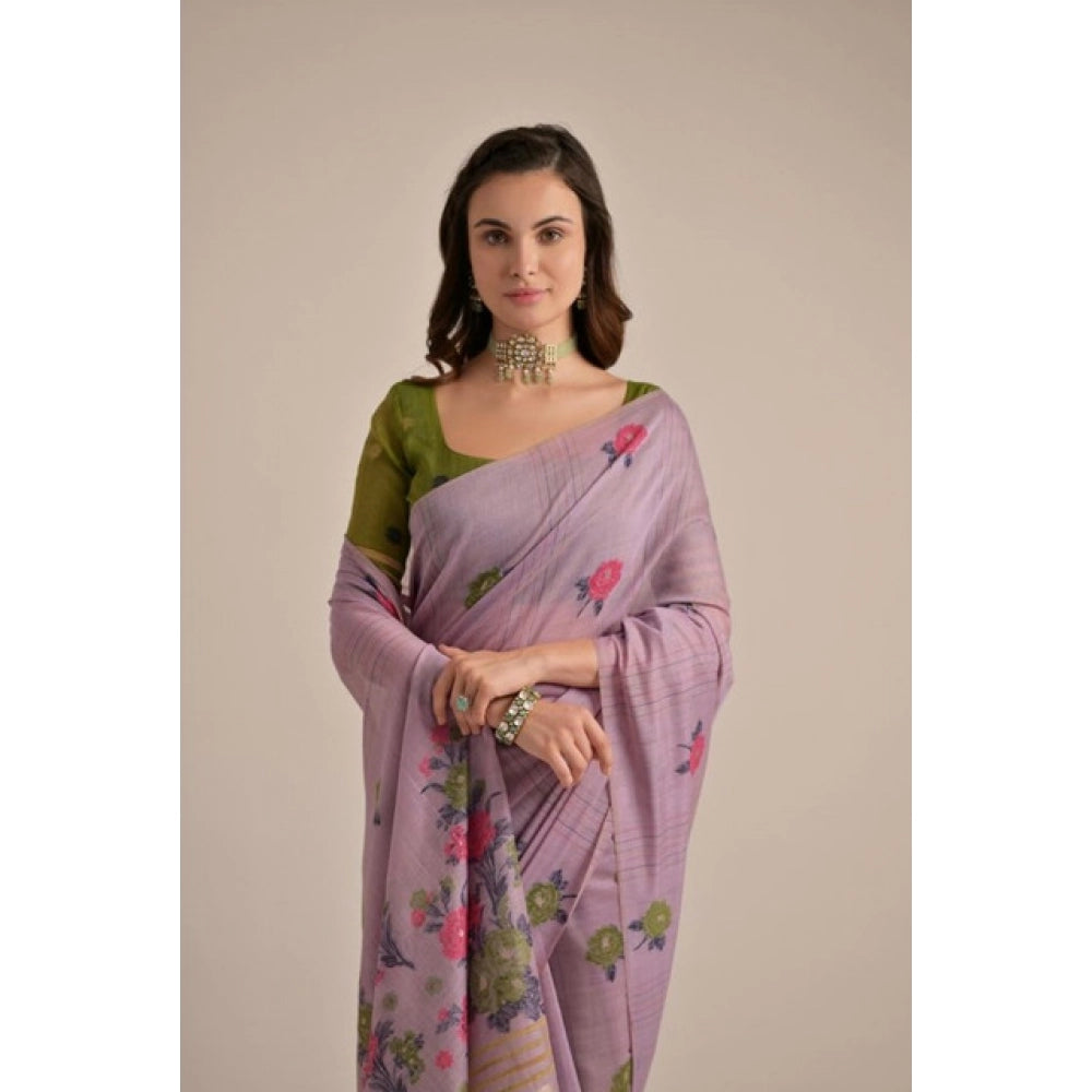 Generic Women's Blended_Cotton Floral Motifs And Woven Buttas Saree With Unstitched Blouse 5.5Mtr (Lavender)