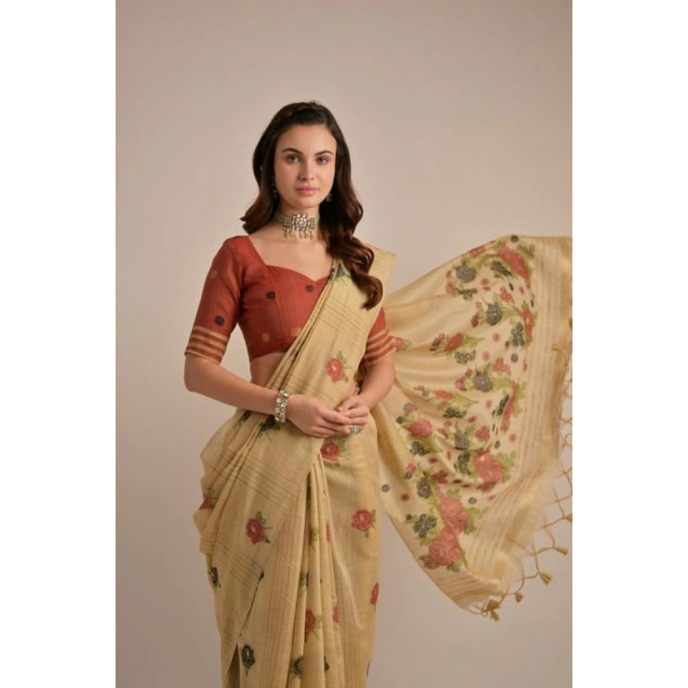 Generic Women's Blended_Cotton Floral Motifs And Woven Buttas Saree With Unstitched Blouse 5.5Mtr (Light_Beige)