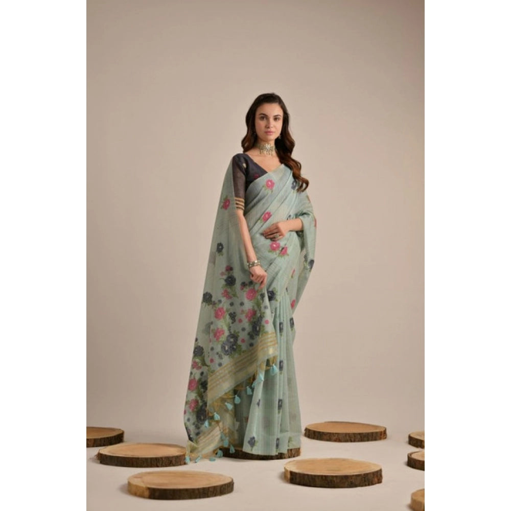 Generic Women's Blended_Cotton Floral Motifs And Woven Buttas Saree With Unstitched Blouse 5.5Mtr (Teal)