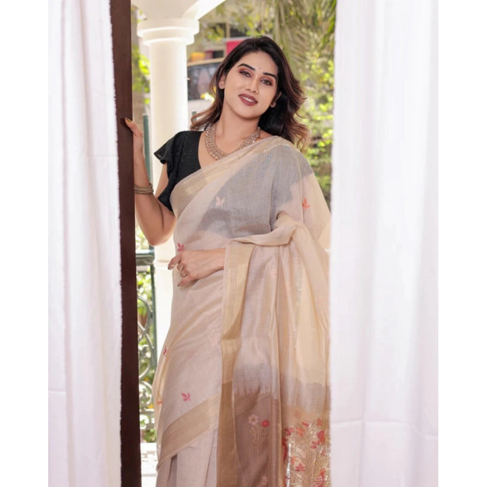 Generic Women's Blended_Cotton Woven_Motifs Saree With Unstitched Blouse 5.5Mtr (Light_Beige)