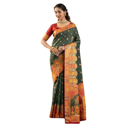Generic Women's Faux_Banarasi Woven Motifs Saree With Unstitched Blouse 5.5Mtr (Dark_Green)