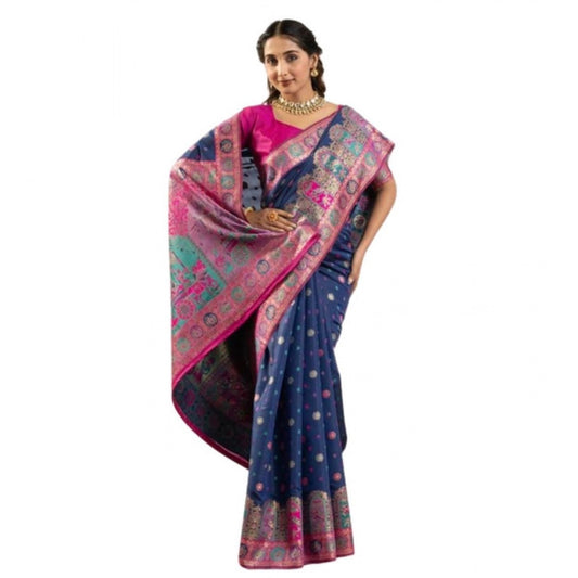 Generic Women's Faux_Banarasi Woven Motifs Saree With Unstitched Blouse 5.5Mtr (Navy_Blue)