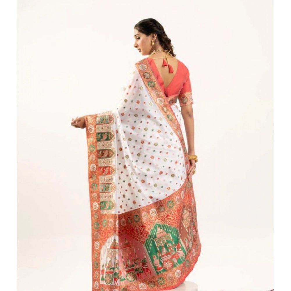 Generic Women's Faux_Banarasi Woven Motifs Saree With Unstitched Blouse 5.5Mtr (White)