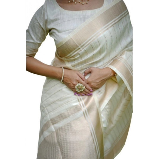 Generic Women's Faux_Banarasi Lining Pattern Saree With Unstitched Blouse 5.5Mtr (Off_White)