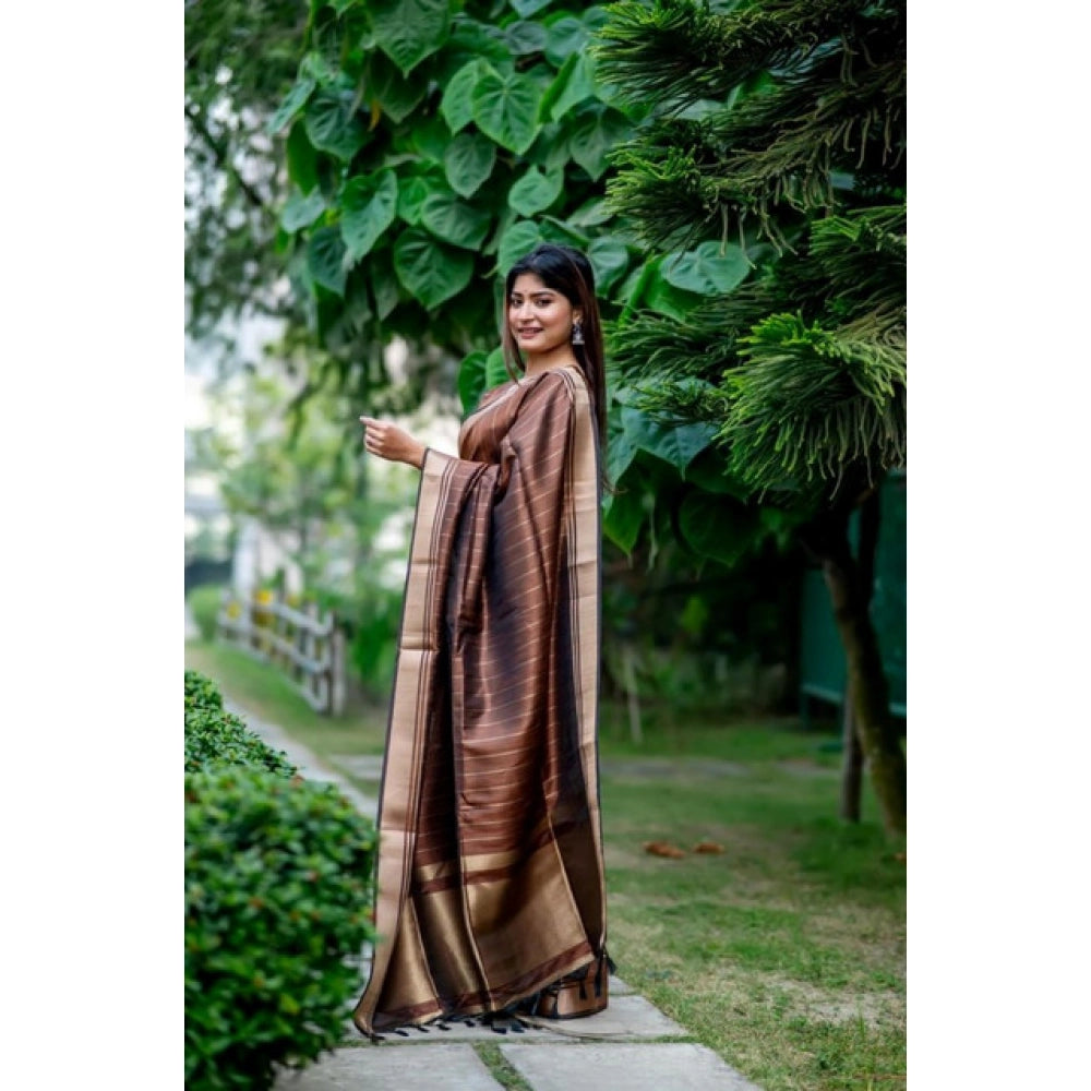 Generic Women's Faux_Banarasi Lining Pattern Saree With Unstitched Blouse 5.5Mtr (Light_Brown)