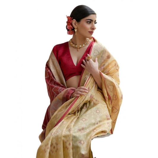 Generic Women's Silk_Blend Ethnic Ikat Pattern Saree With Unstitched Blouse 5.5Mtr (Cream)
