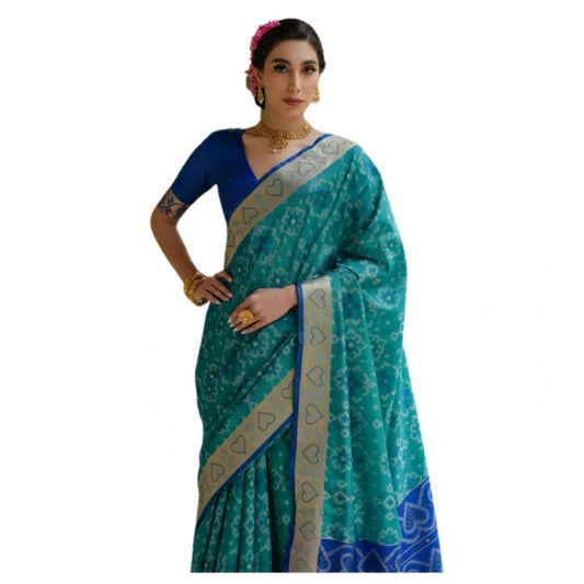 Generic Women's Silk_Blend Ethnic Ikat Pattern Saree With Unstitched Blouse 5.5Mtr (Teal)